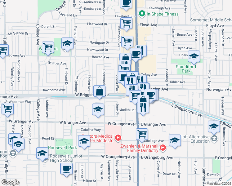 map of restaurants, bars, coffee shops, grocery stores, and more near 314 Rosewood Court in Modesto