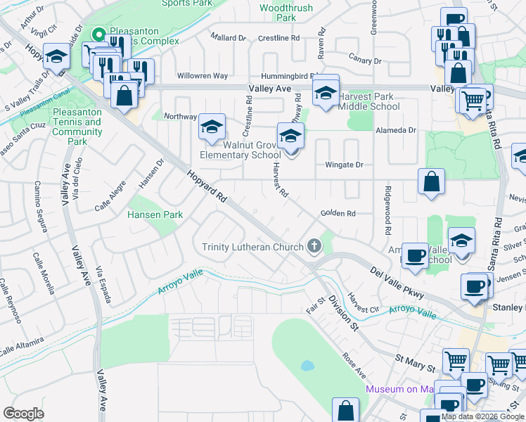 map of restaurants, bars, coffee shops, grocery stores, and more near 1802 Halcyon Court in Pleasanton