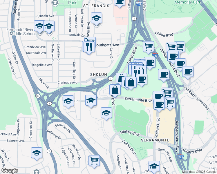 map of restaurants, bars, coffee shops, grocery stores, and more near 50 Ward Court in Daly City
