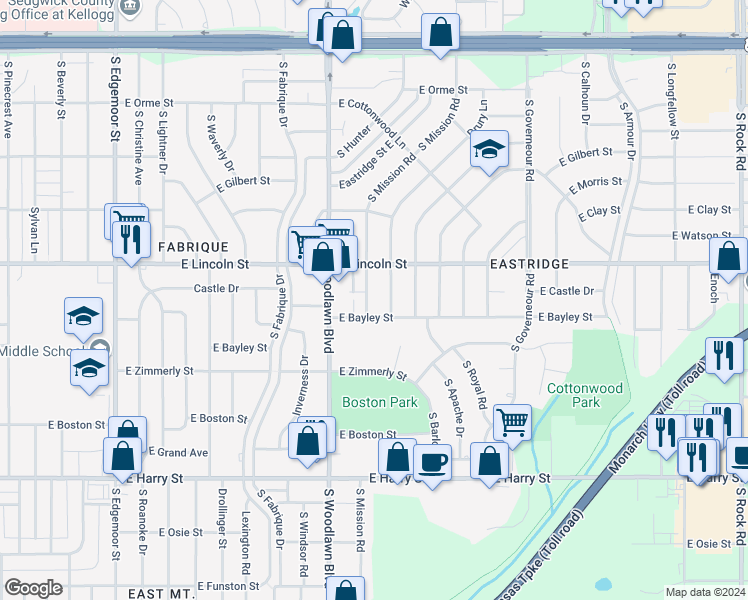 map of restaurants, bars, coffee shops, grocery stores, and more near 930 South Mission Road in Wichita