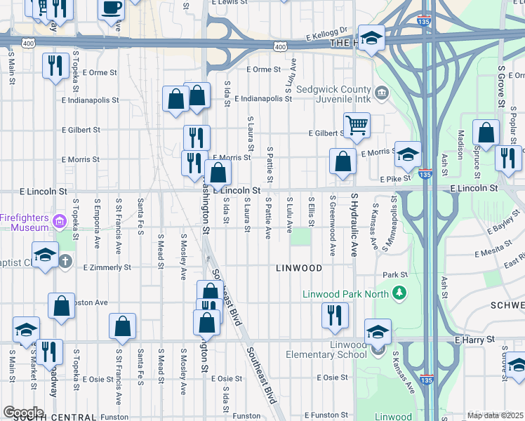map of restaurants, bars, coffee shops, grocery stores, and more near in Wichita