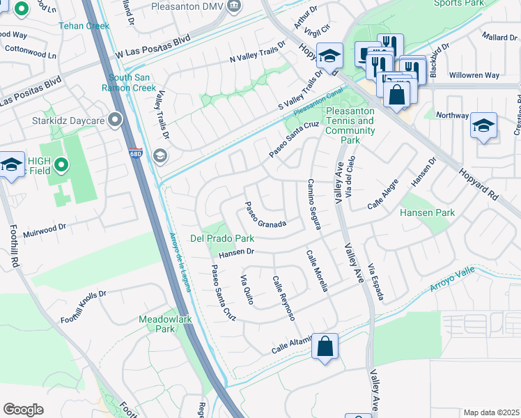map of restaurants, bars, coffee shops, grocery stores, and more near 6450 Calle Esperanza in Pleasanton