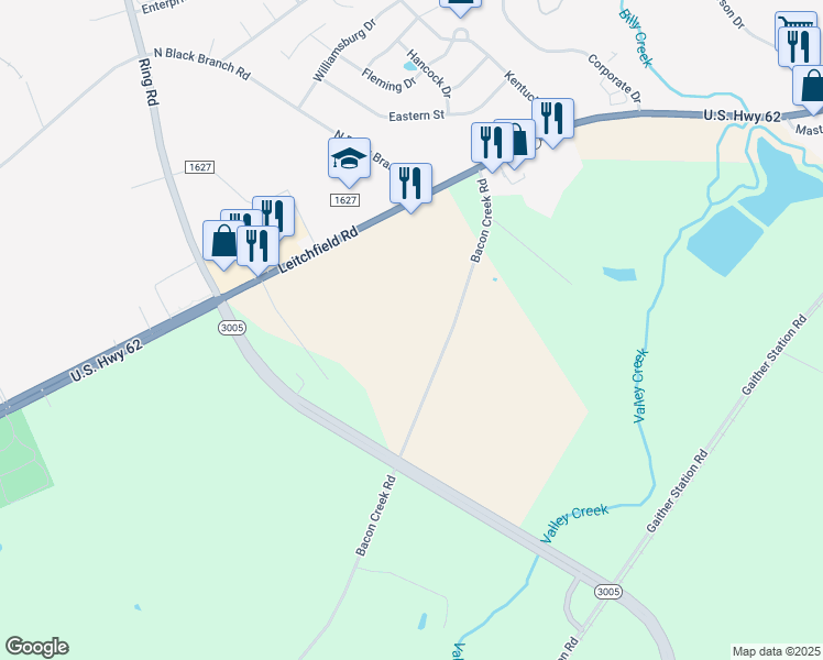 map of restaurants, bars, coffee shops, grocery stores, and more near 355 Bacon Creek Road in Elizabethtown