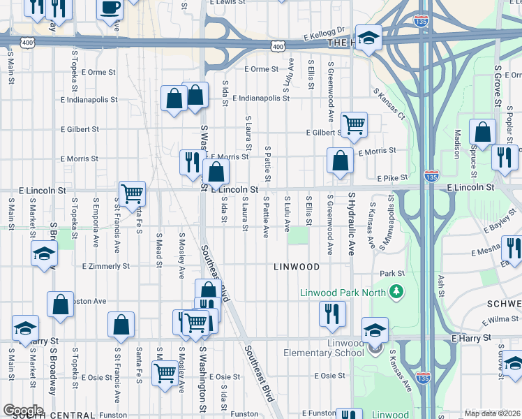 map of restaurants, bars, coffee shops, grocery stores, and more near in Wichita