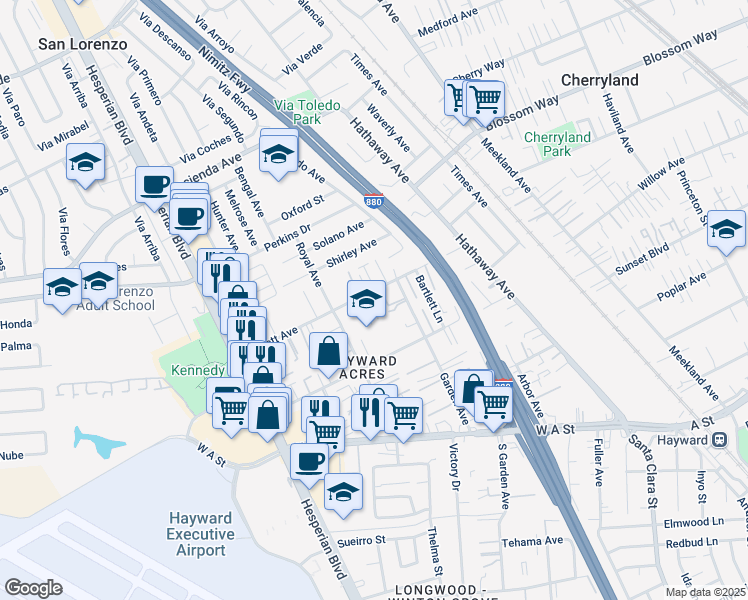 map of restaurants, bars, coffee shops, grocery stores, and more near 452 Bartlett Avenue in Hayward