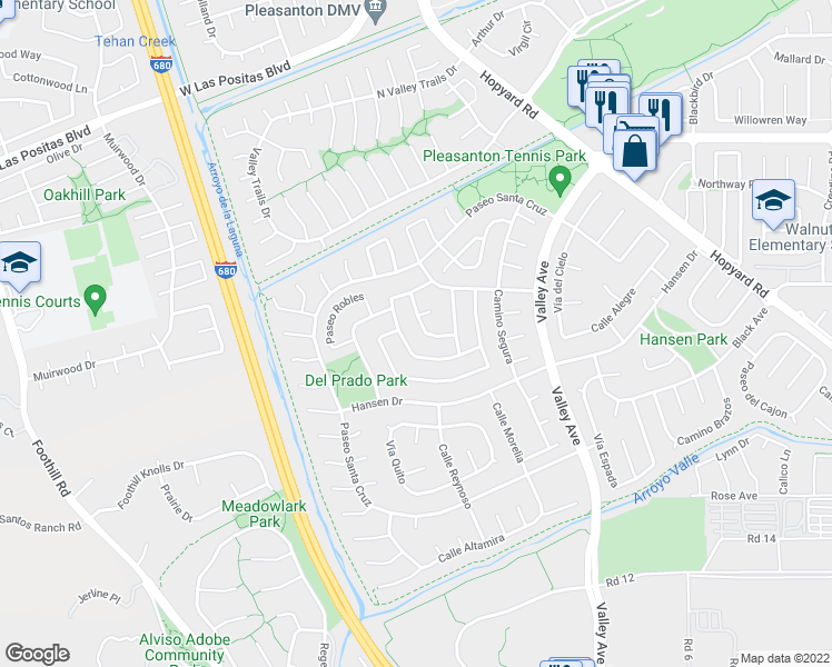 map of restaurants, bars, coffee shops, grocery stores, and more near 6450 Calle Esperanza in Pleasanton