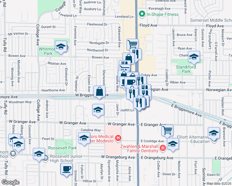 map of restaurants, bars, coffee shops, grocery stores, and more near 314 Rosewood Court in Modesto