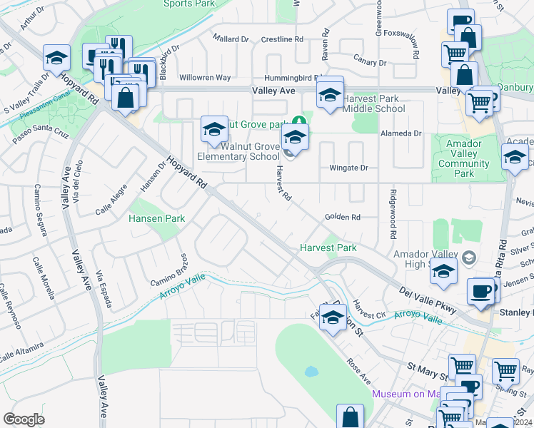 map of restaurants, bars, coffee shops, grocery stores, and more near 5342 Elmridge Court in Pleasanton