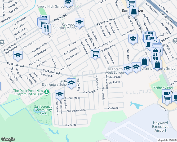 map of restaurants, bars, coffee shops, grocery stores, and more near 1233 Bockman Road in San Lorenzo