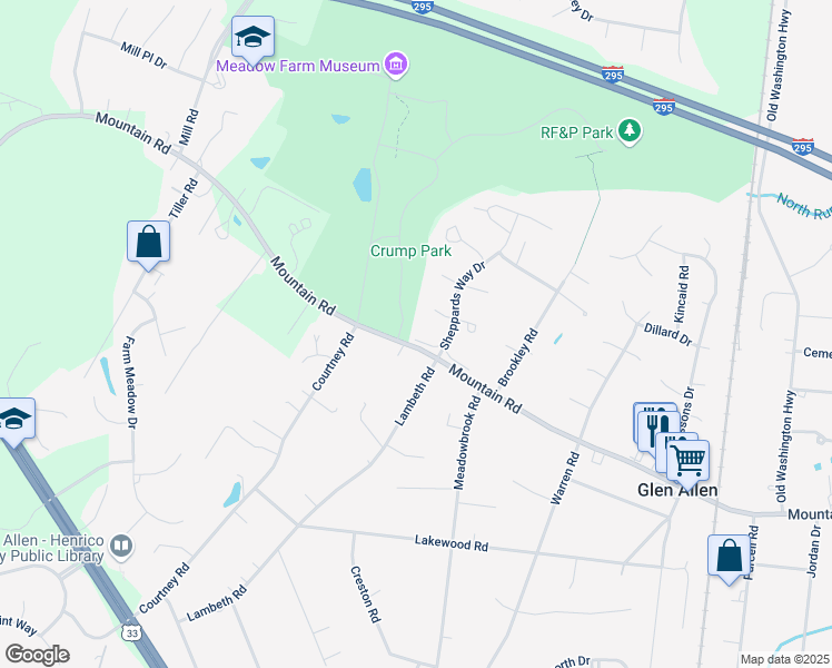 map of restaurants, bars, coffee shops, grocery stores, and more near 3312 Mountain Road in Glen Allen
