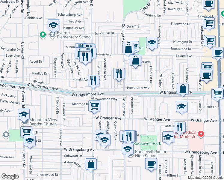 map of restaurants, bars, coffee shops, grocery stores, and more near 1126 Hawthorne Avenue in Modesto