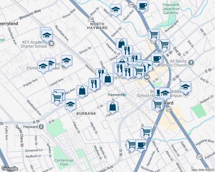 map of restaurants, bars, coffee shops, grocery stores, and more near 22500 Grand Street in Hayward