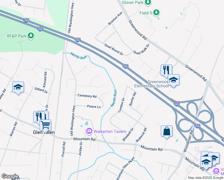map of restaurants, bars, coffee shops, grocery stores, and more near 10920 Robin Spring Lane in Glen Allen