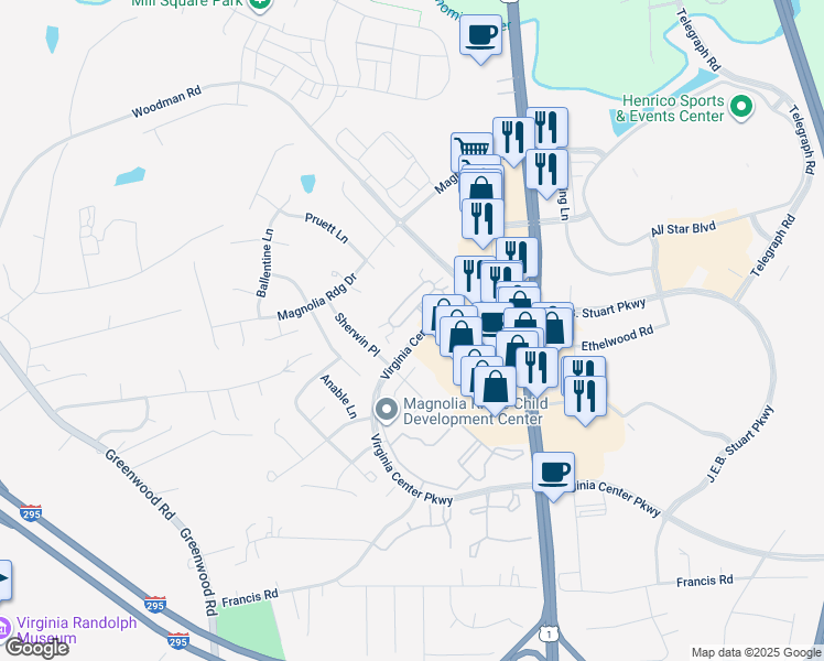 map of restaurants, bars, coffee shops, grocery stores, and more near 1542 Patriot Circle in Glen Allen