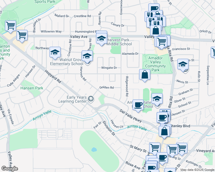 map of restaurants, bars, coffee shops, grocery stores, and more near 4859 Golden Road in Pleasanton