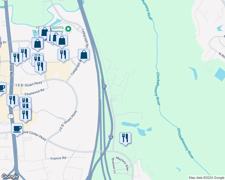 map of restaurants, bars, coffee shops, grocery stores, and more near 904 Pale Moon Drive in Glen Allen