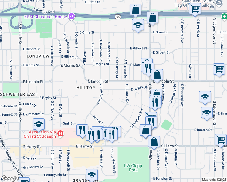 map of restaurants, bars, coffee shops, grocery stores, and more near 4331 East Bayley Street in Wichita