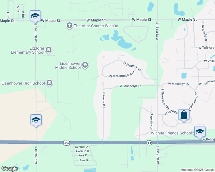 map of restaurants, bars, coffee shops, grocery stores, and more near 1230 South Reece Road in Goddard