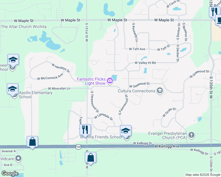 map of restaurants, bars, coffee shops, grocery stores, and more near 14901 West Moscelyn Street in Wichita