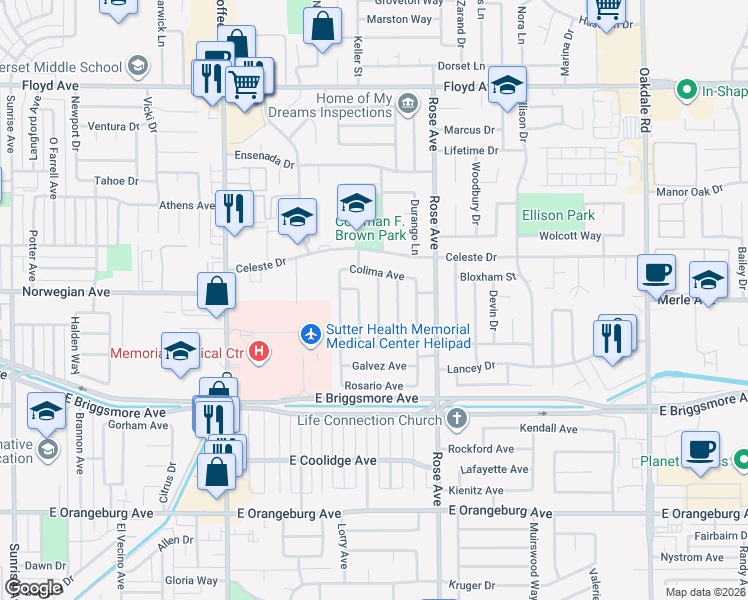 map of restaurants, bars, coffee shops, grocery stores, and more near 1836 Murrietta Lane in Modesto