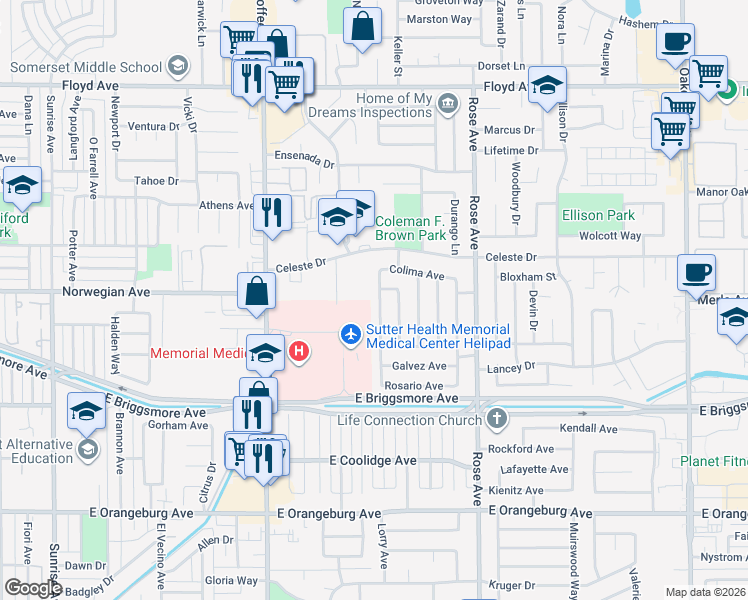 map of restaurants, bars, coffee shops, grocery stores, and more near 1512 Pico Way in Modesto