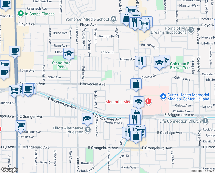 map of restaurants, bars, coffee shops, grocery stores, and more near 1004 Norwegian Avenue in Modesto