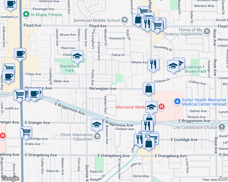 map of restaurants, bars, coffee shops, grocery stores, and more near 1004 Norwegian Avenue in Modesto