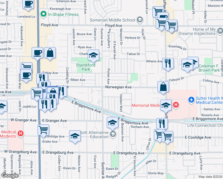 map of restaurants, bars, coffee shops, grocery stores, and more near 708 Norwegian Avenue in Modesto
