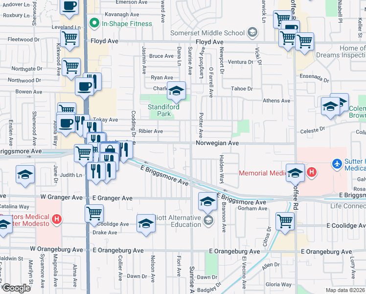 map of restaurants, bars, coffee shops, grocery stores, and more near 609 Plaza De Las Sierras in Modesto