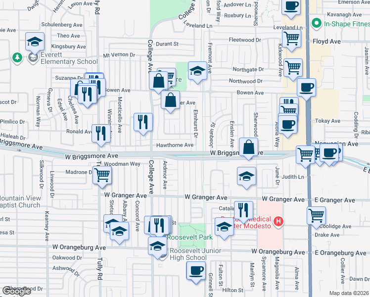 map of restaurants, bars, coffee shops, grocery stores, and more near 912 Hawthorne Avenue in Modesto
