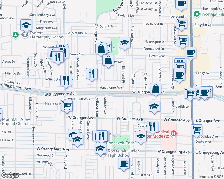 map of restaurants, bars, coffee shops, grocery stores, and more near 916 Hawthorne Avenue in Modesto