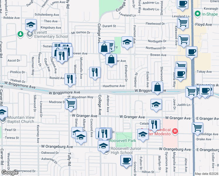 map of restaurants, bars, coffee shops, grocery stores, and more near 1020 Hawthorne Avenue in Modesto