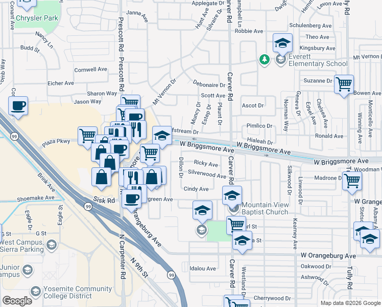 map of restaurants, bars, coffee shops, grocery stores, and more near 1732 Dillon Drive in Modesto