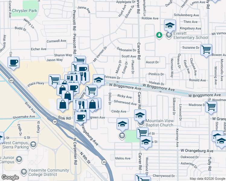 map of restaurants, bars, coffee shops, grocery stores, and more near 1732 Dillon Drive in Modesto