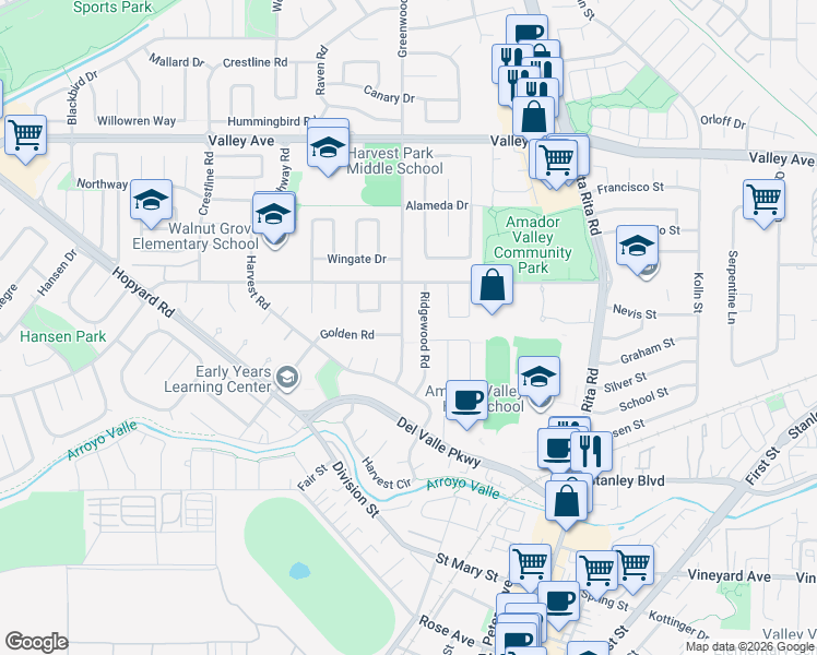 map of restaurants, bars, coffee shops, grocery stores, and more near 1467 Ridgewood Road in Pleasanton