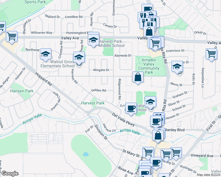 map of restaurants, bars, coffee shops, grocery stores, and more near 1554 Ramblewood Way in Pleasanton