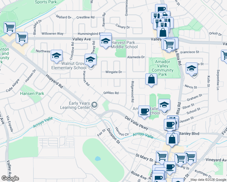 map of restaurants, bars, coffee shops, grocery stores, and more near 4859 Golden Road in Pleasanton