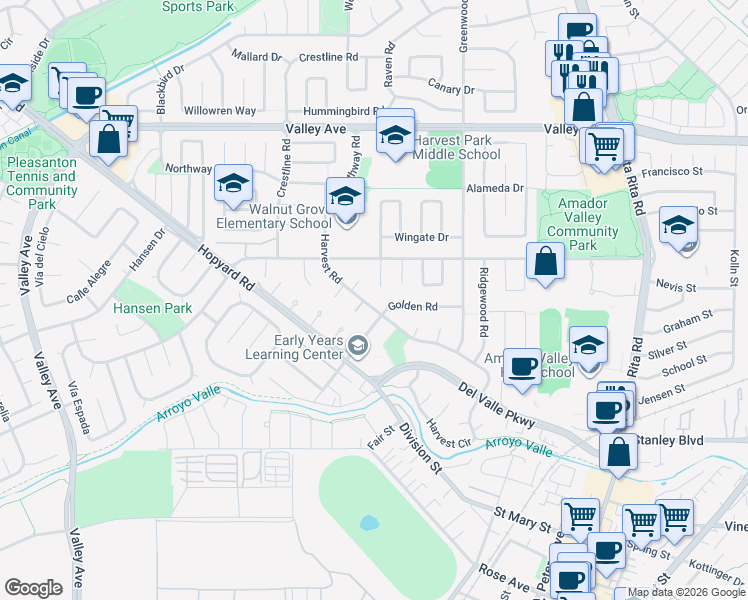 map of restaurants, bars, coffee shops, grocery stores, and more near 1661 Tanglewood Court in Pleasanton