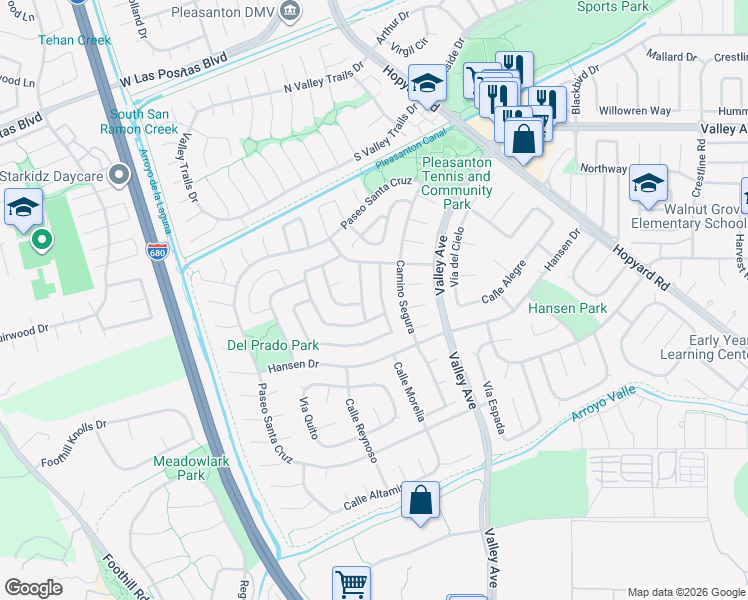 map of restaurants, bars, coffee shops, grocery stores, and more near 2754 Calle de la Loma in Pleasanton