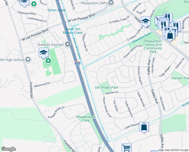 map of restaurants, bars, coffee shops, grocery stores, and more near 3128 Paseo Robles in Pleasanton
