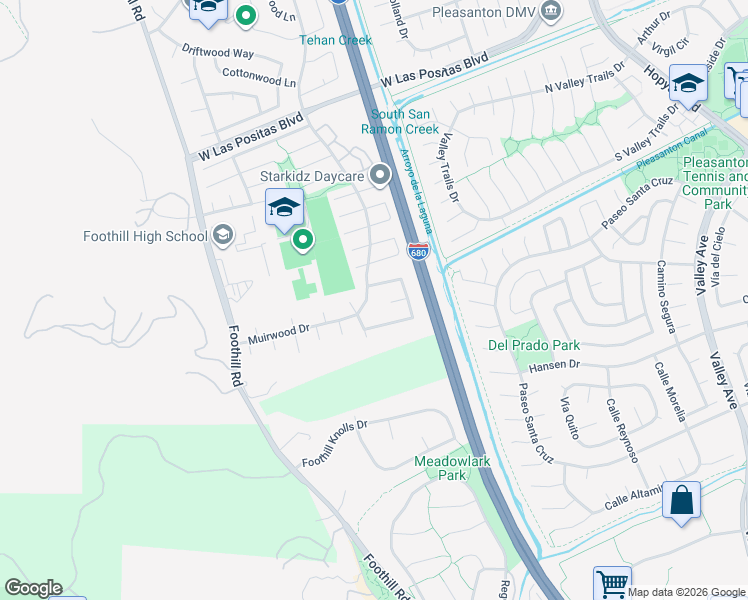 map of restaurants, bars, coffee shops, grocery stores, and more near 3822 Muirwood Drive in Pleasanton