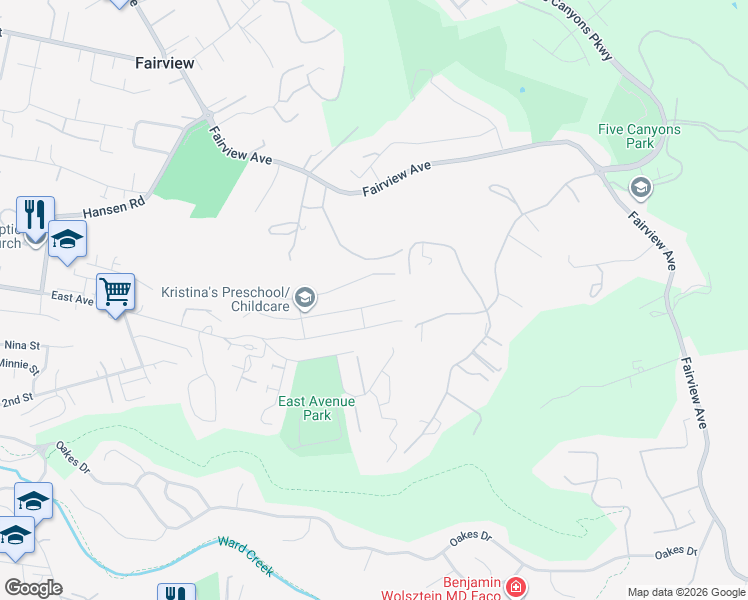 map of restaurants, bars, coffee shops, grocery stores, and more near 3498 Bridle Drive in Hayward