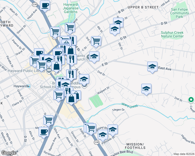 map of restaurants, bars, coffee shops, grocery stores, and more near 23940 Carmelita Drive in Hayward