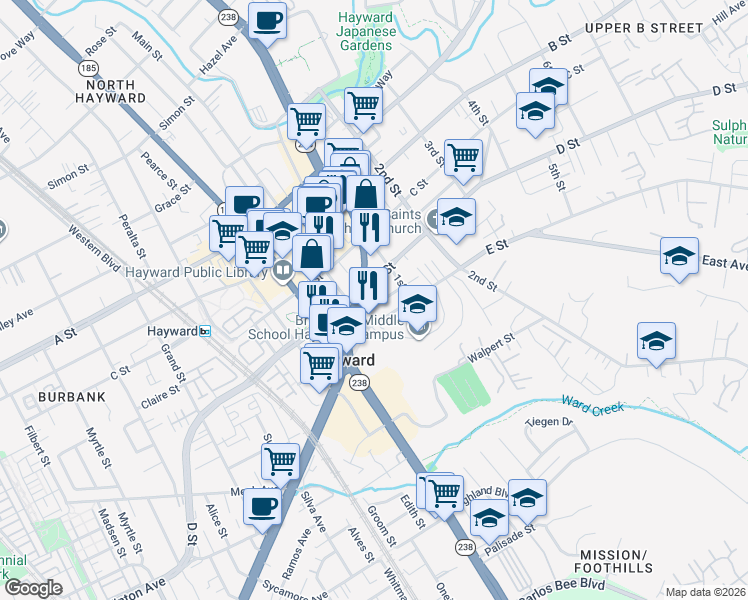 map of restaurants, bars, coffee shops, grocery stores, and more near 1066 Armstrong Street in Hayward