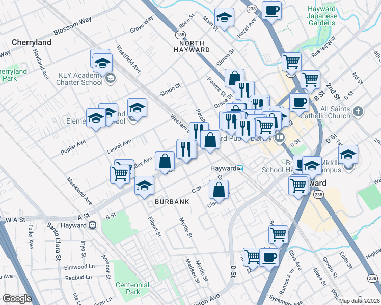 map of restaurants, bars, coffee shops, grocery stores, and more near 558 A Street in Hayward