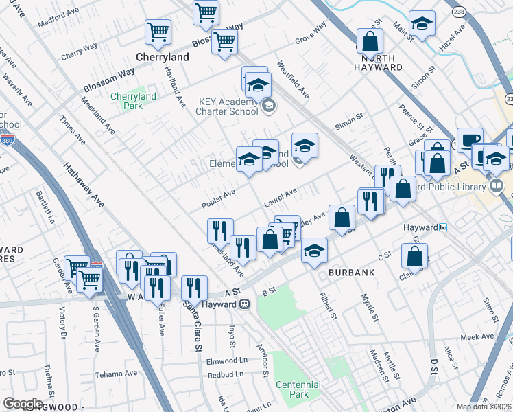 map of restaurants, bars, coffee shops, grocery stores, and more near 22211 Princeton Street in Hayward