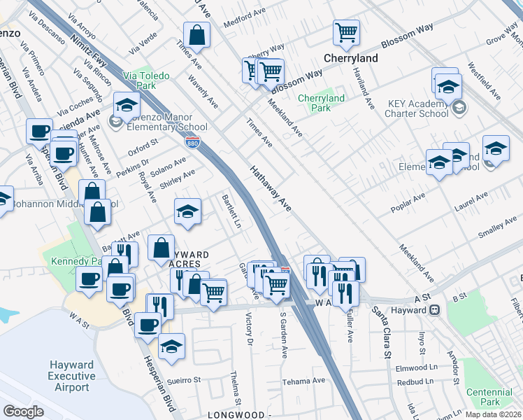 map of restaurants, bars, coffee shops, grocery stores, and more near 295 Flint Court in Hayward