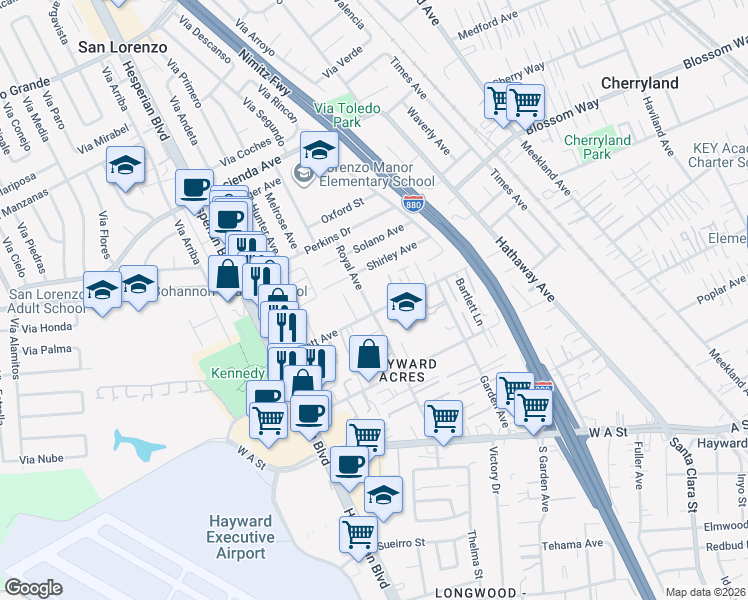 map of restaurants, bars, coffee shops, grocery stores, and more near 19839 Royal Avenue in Hayward