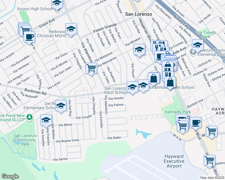 map of restaurants, bars, coffee shops, grocery stores, and more near 955 Bockman Road in San Lorenzo