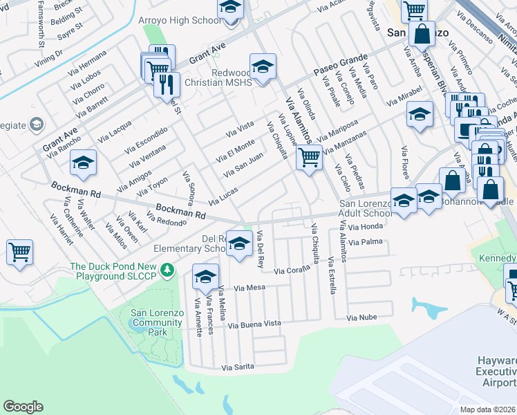 map of restaurants, bars, coffee shops, grocery stores, and more near 17117 Via Del Rey in San Lorenzo